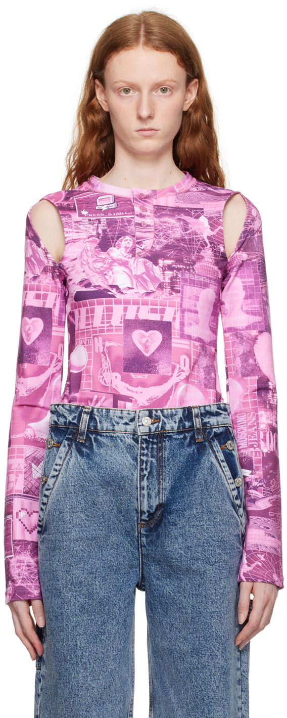Kropp Moschino Graphic Print Cut-Out Long Sleeve Bodysuit Rosa | 1101 8254
