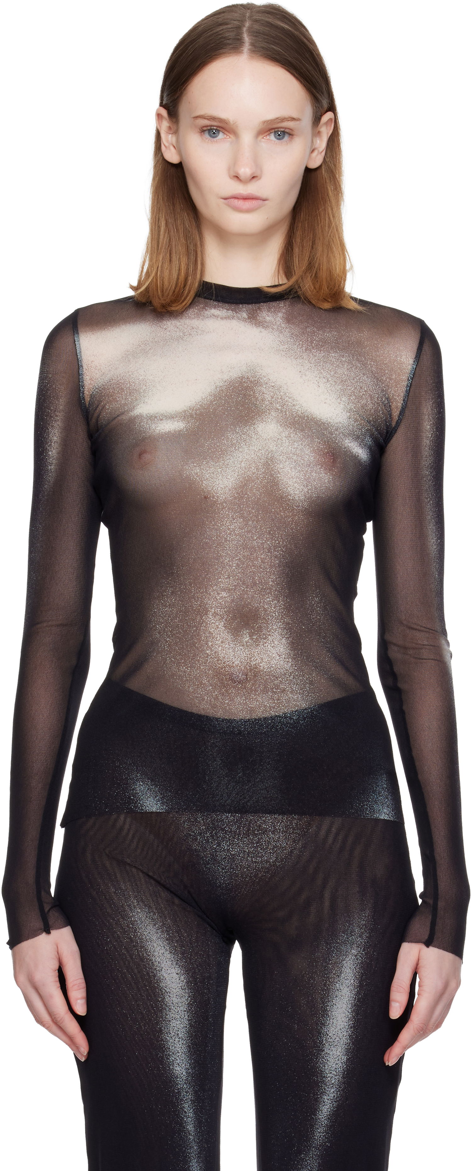 T-shirt Jean Paul Gaultier Sheer Mesh Long Sleeve 'The Silver Body Dust' Top Svart | 25/04-W-TO366-M010P-0091, 0