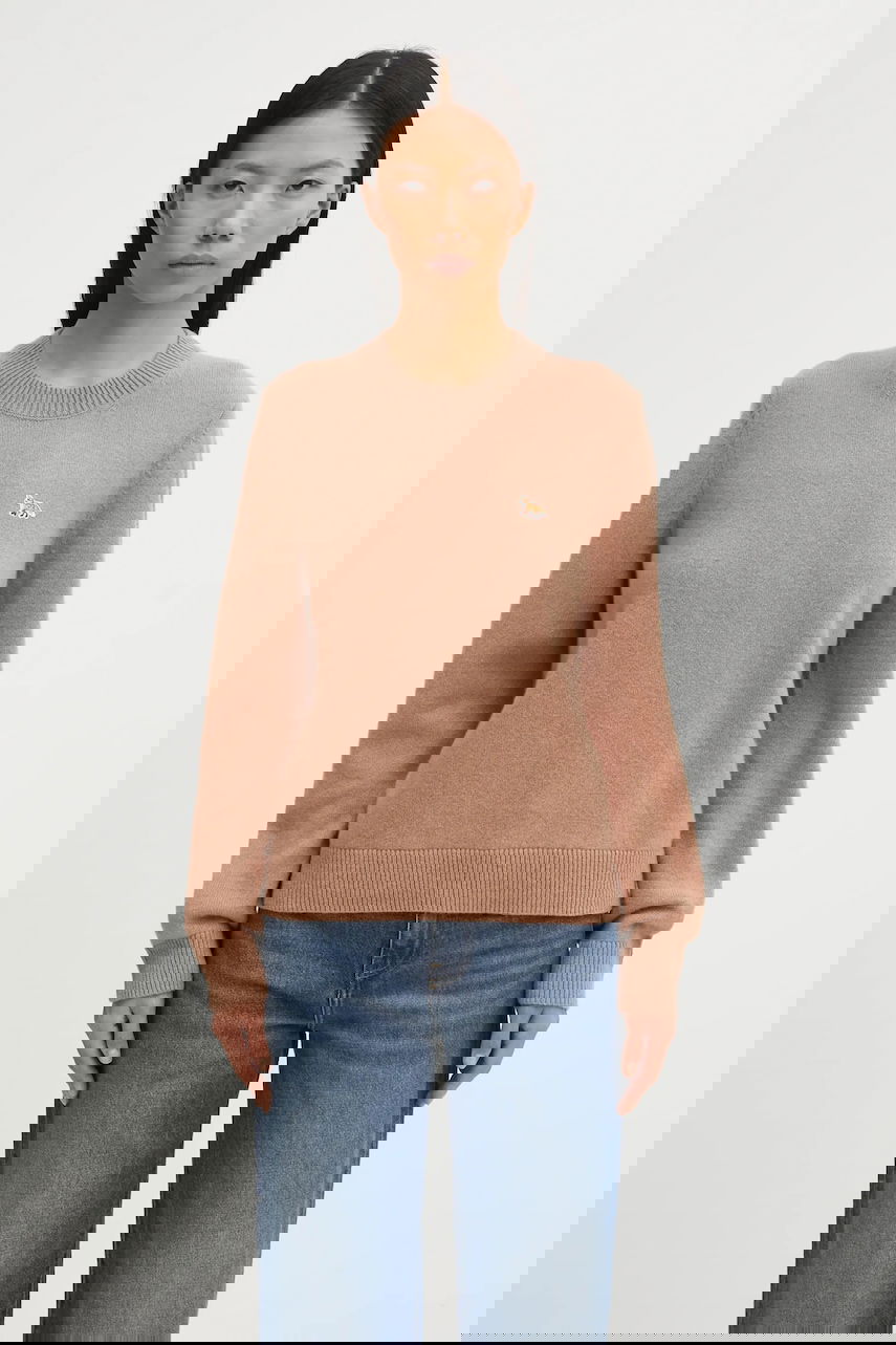 Sweater MAISON KITSUNÉ Maison Kitsuné Baby Fox Lambswool Regular Fit Crew Neck Sweater Beige | PW00817KT1006, 0