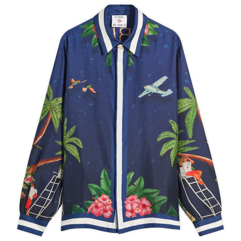 Skjorta Casablanca Casablanca Classic Long Sleeve Patterned Silk Shirt, Size Large Blå | MPF25-SH-021-02