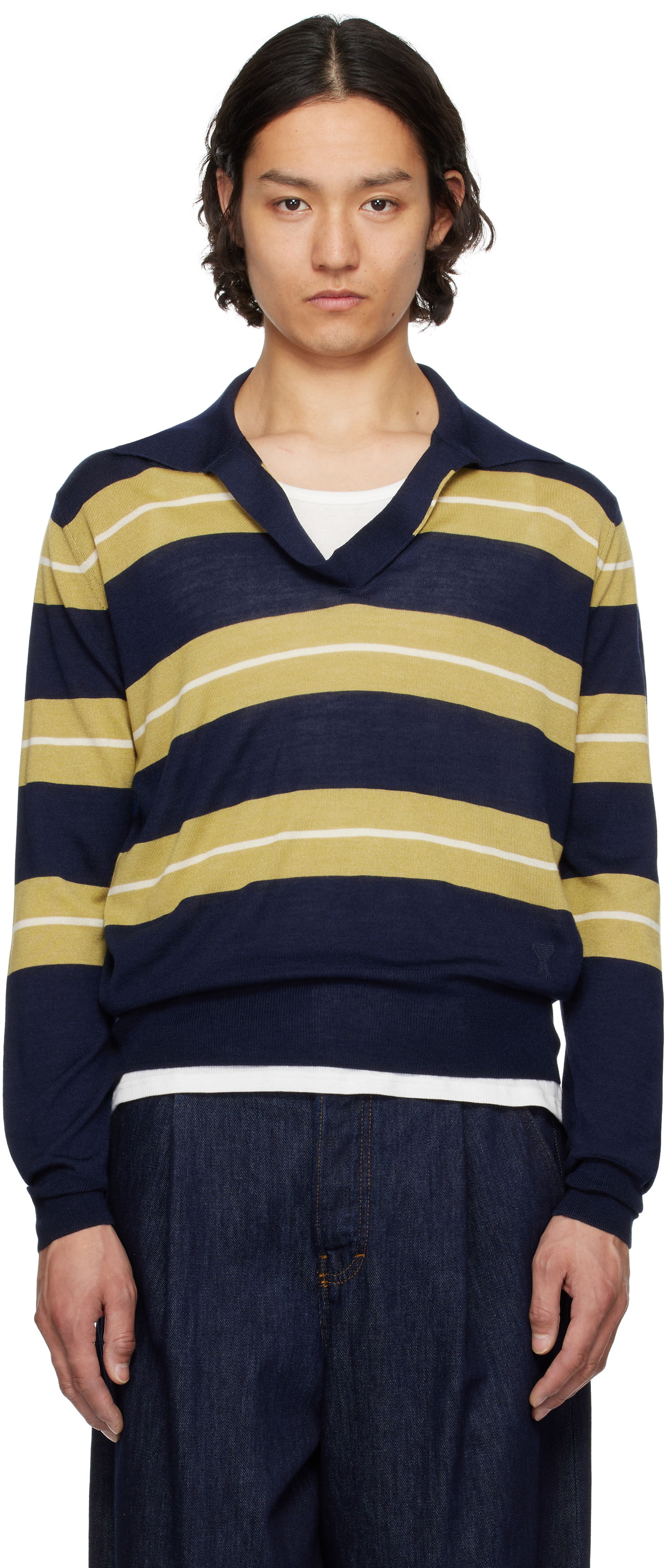 Sweater AMI AMI Paris Wool Silk Striped Polo Mörkblå | HPL376.KN0079, 0