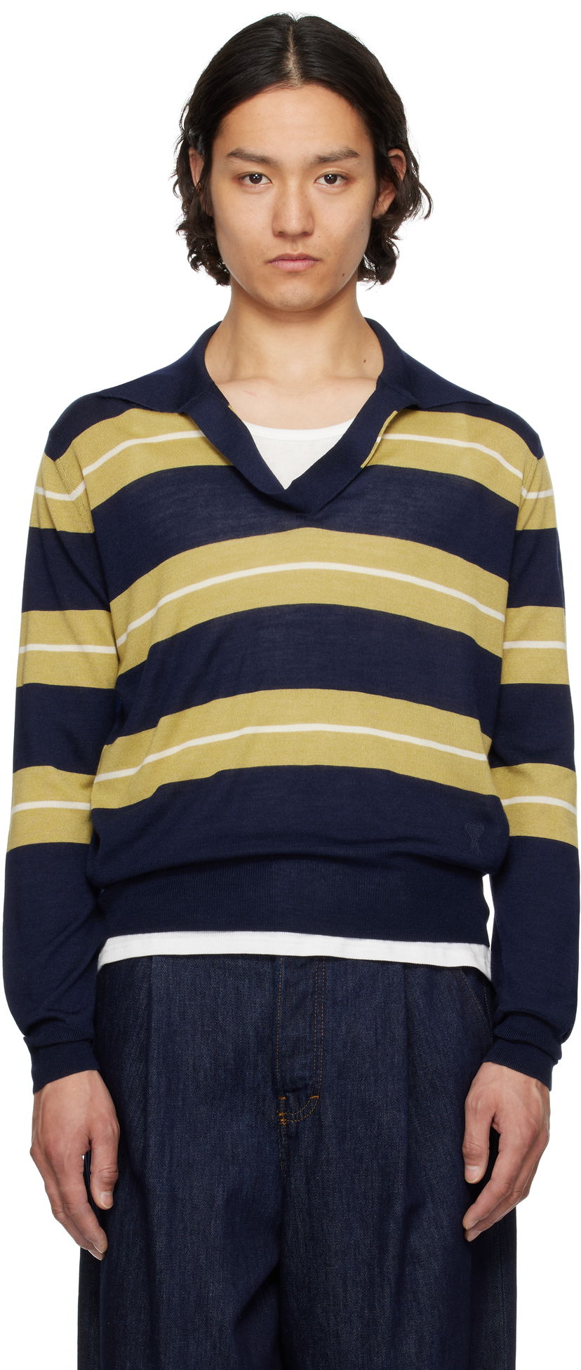 Sweater AMI AMI Paris Wool Silk Striped Polo Mörkblå | HPL376.KN0079