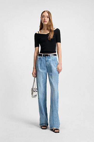 Sweater BOSS Ribbed Knit Top with Cutout Shoulders Svart | 50538223, 1