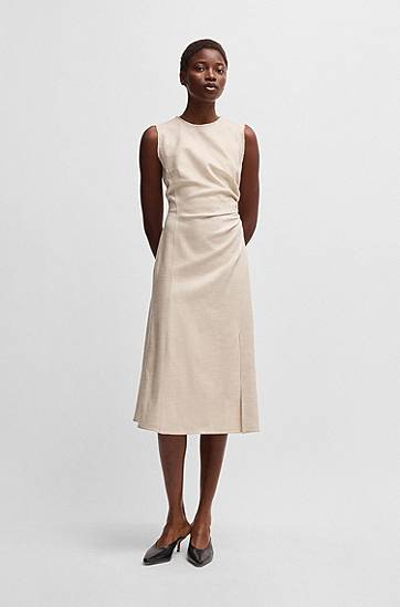 Klä BOSS Sleeveless Frayed and Gathered Midi Dress Beige | 50537879, 1