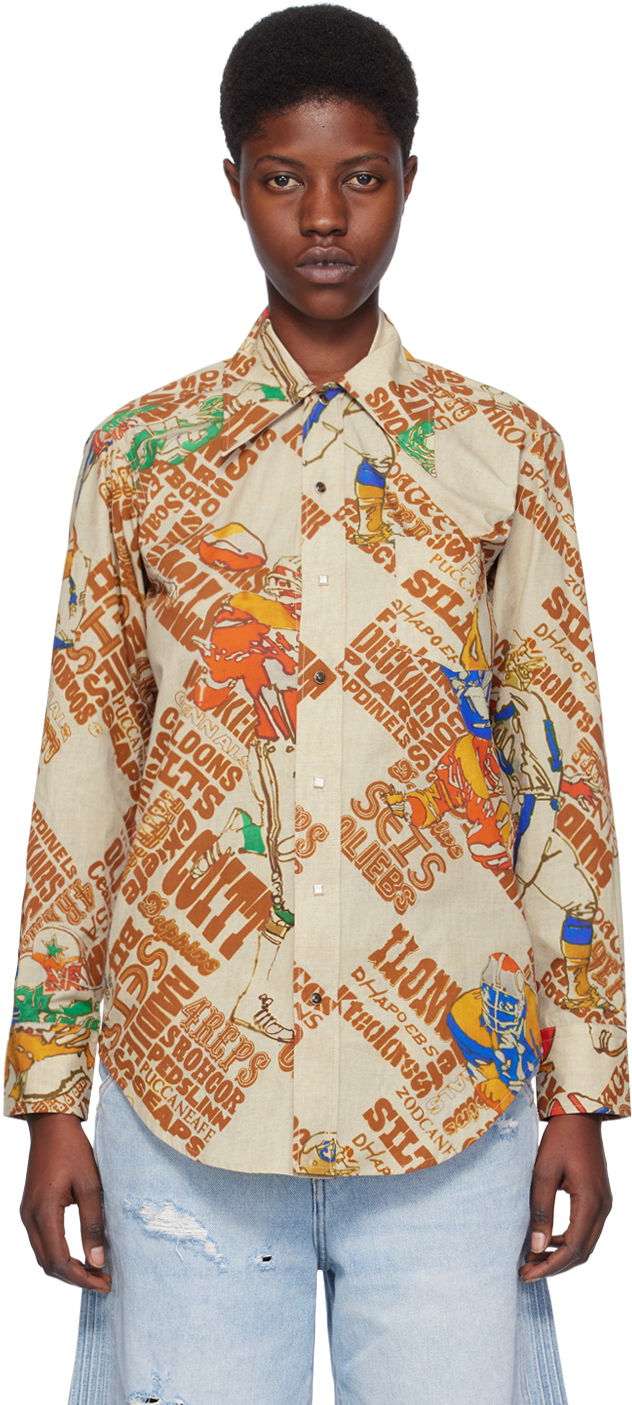 Skjorta ERL Brown Graphic-Print Cotton Button-Up Shirt Beige | ERL07B006