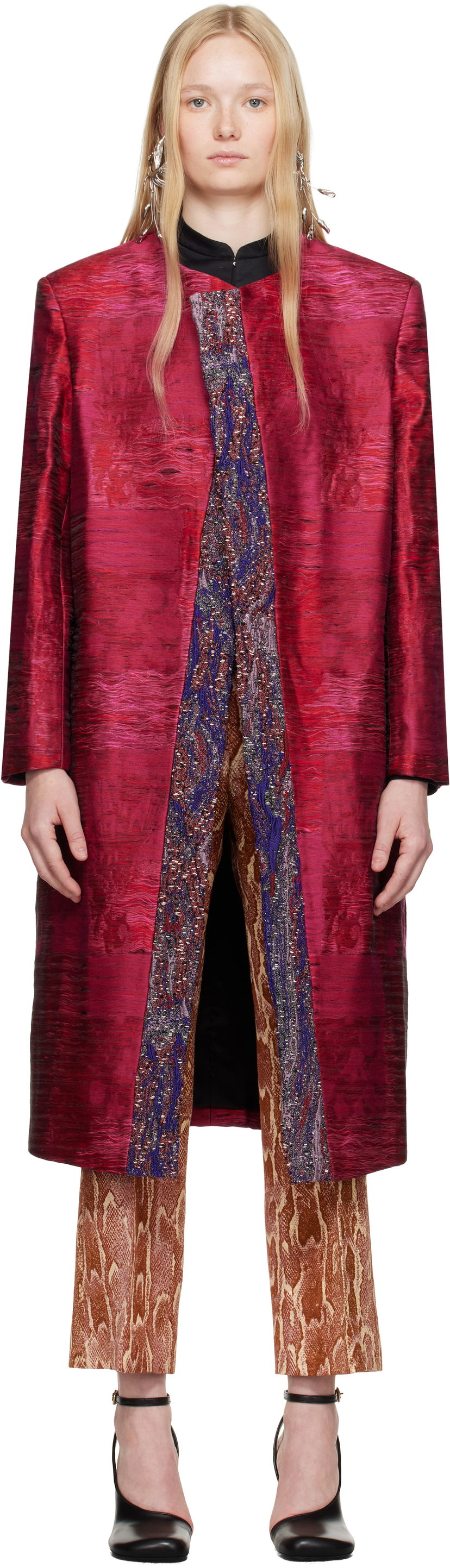 Rockar Dries Van Noten Dries Van Noten Jacquard Panel Coat Röd | 251-010222-1544