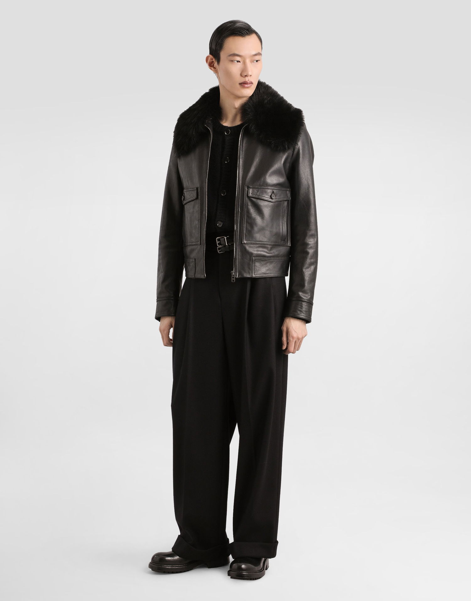 Jacka Dolce & Gabbana Dolce & Gabbana Single-Breasted Leather Jacket with Fur Collar Svart | G9BUQLHULXFN0000, 1