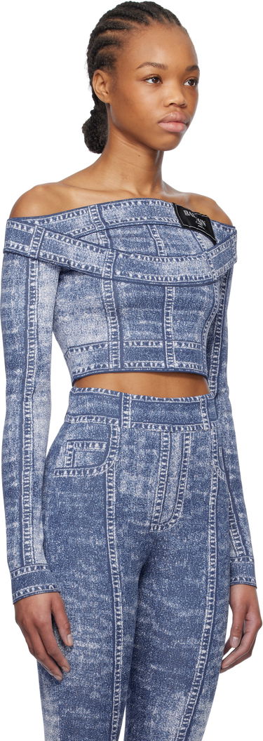 Träningsoverall Balmain Balmain Denim Off-Shoulder Top Blå | EF1AO385KH80, 1