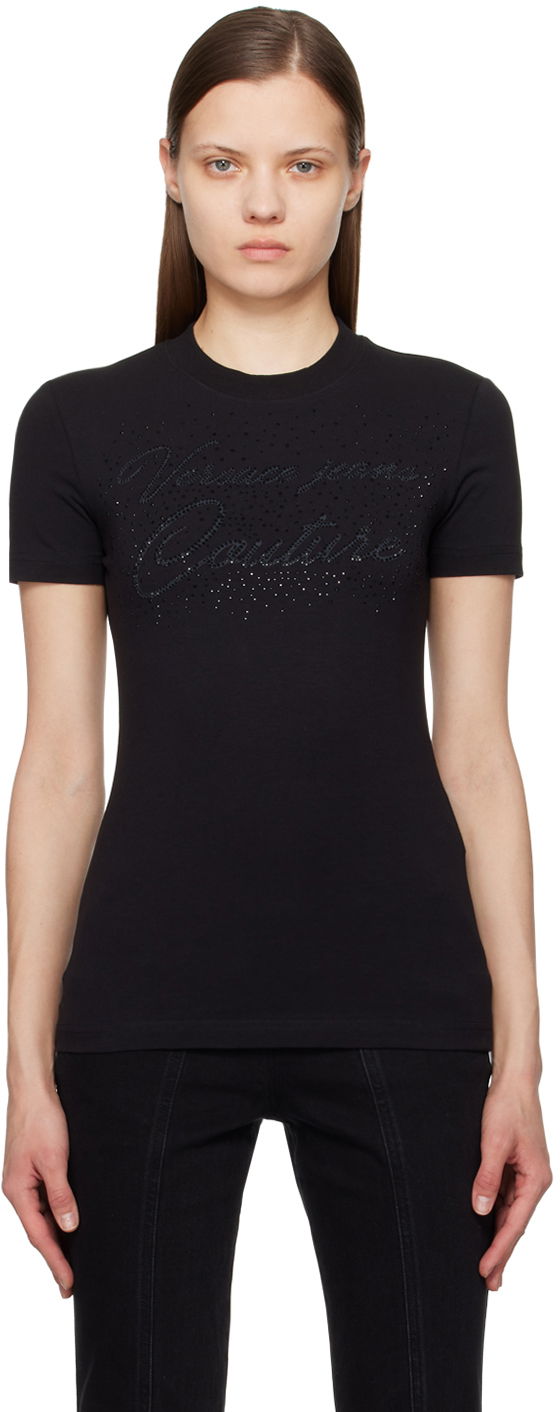 T-shirt Versace Couture Black Crystal-Cut T-Shirt Svart | E76HAH6A8_EJ0020, 0