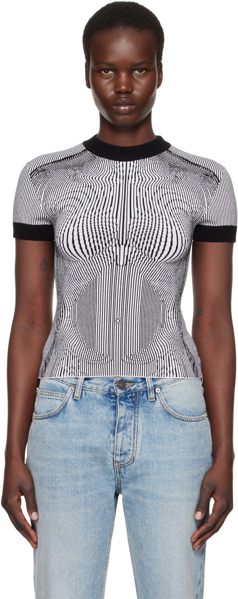 Sweater Jean Paul Gaultier Jean Paul Gaultier Morphing Pinstripes Jacquard T-Shirt Svart | 25/33-F-TS110-M084-0100