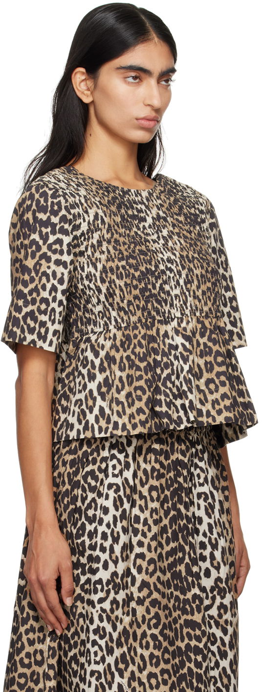 T-shirt GANNI GANNI Smocked Leopard Print Blouse Beige | W0205, 1