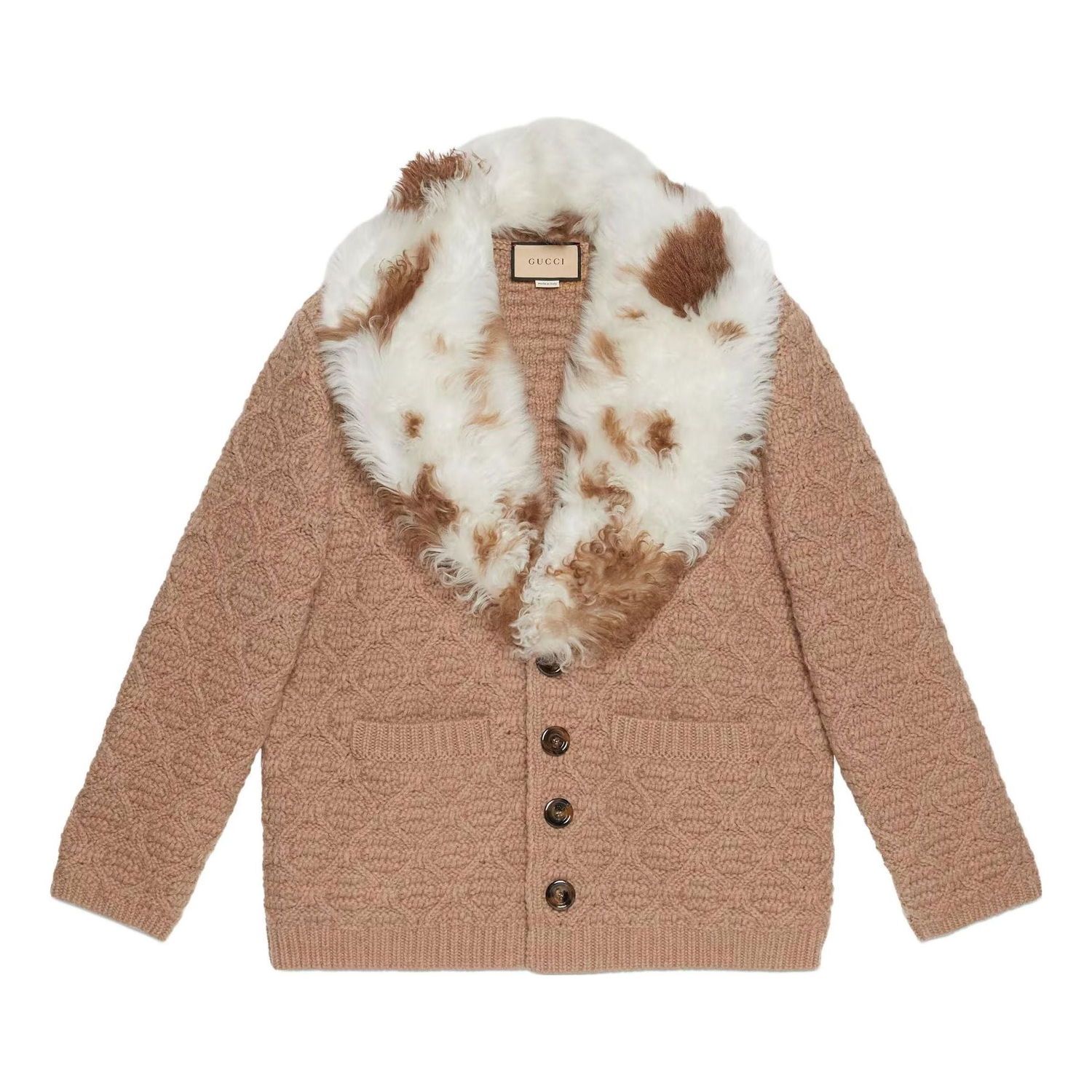 Rockar Gucci Gucci Wool Knit Coat with Shearling Collar Beige | 706756-XKCKM-2602, 0