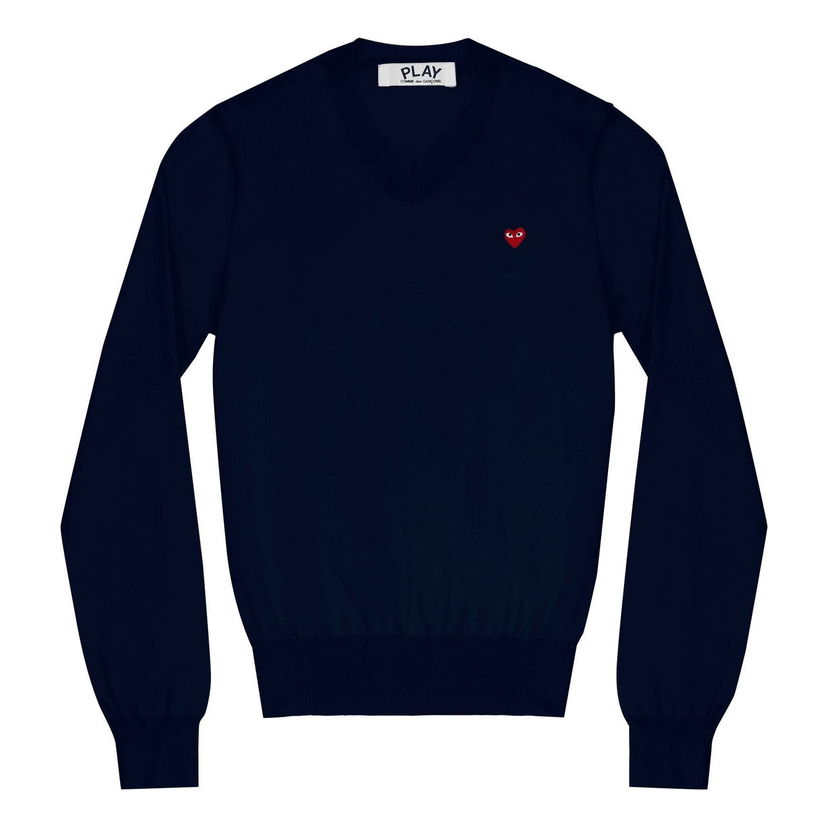 Sweater Comme des Garçons COMME des GARCONS PLAY Long Sleeve V-Neck Sweater with Red Heart Emblem Mörkblå | AZ-N051-051-2