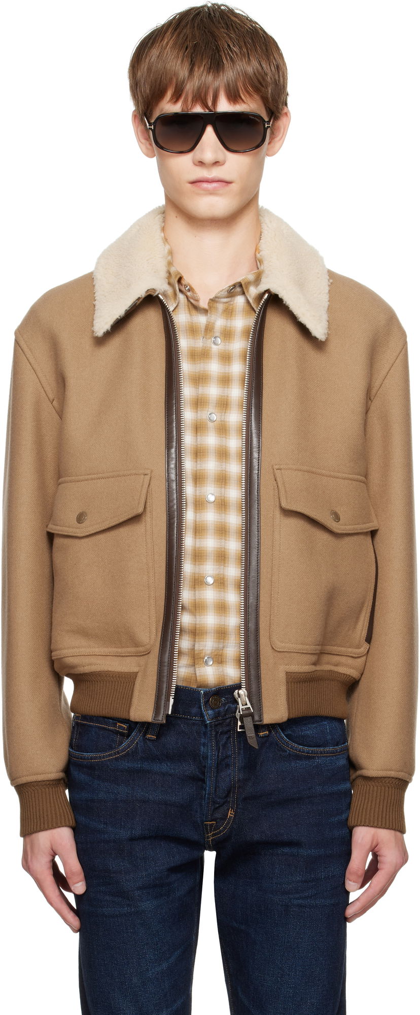 Bomberjacka Tom Ford TOM FORD Double Splittable Shearling Collar Bomber Jacket Brun | OBH002-FMW058