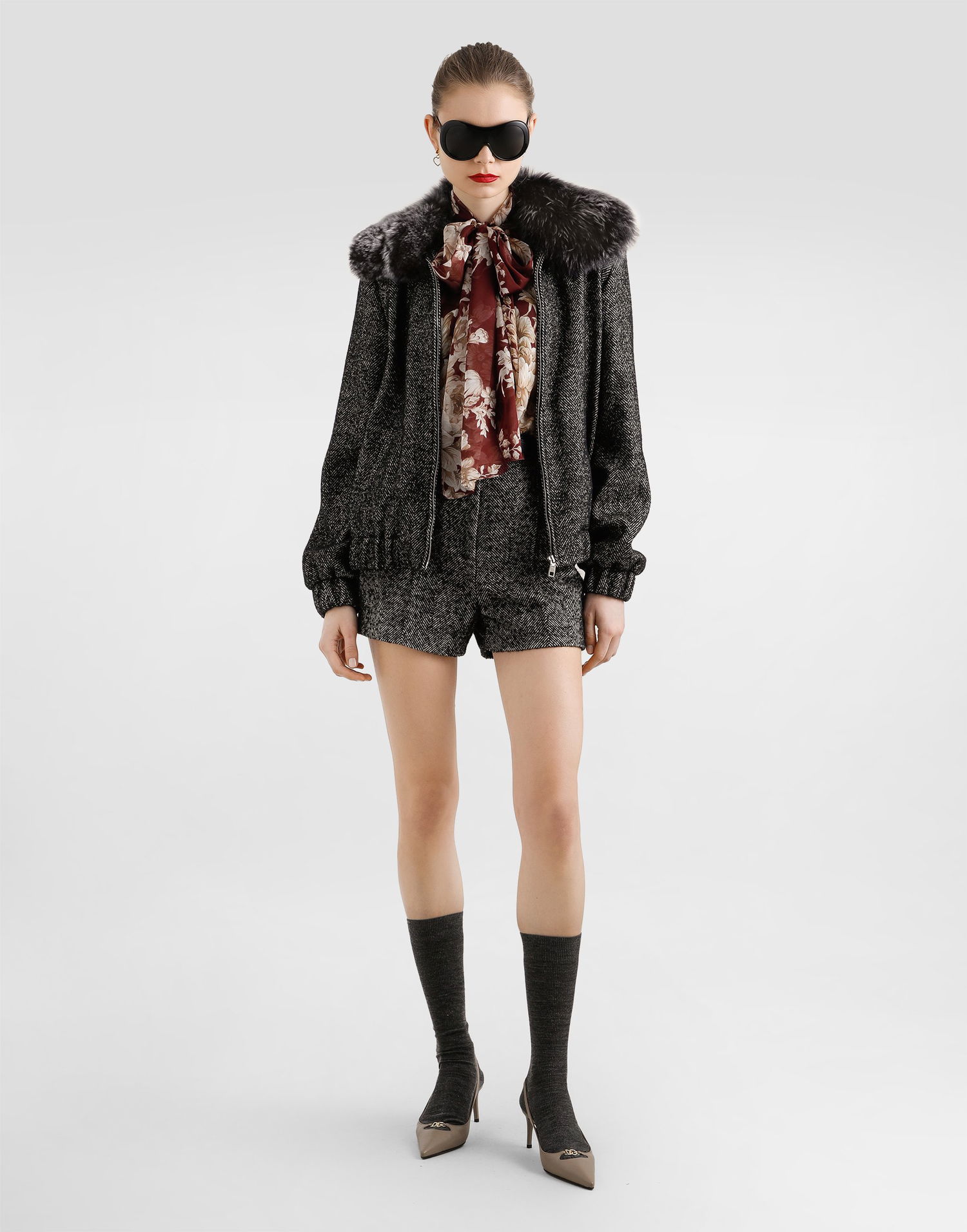 Bomberjacka Dolce & Gabbana Dolce & Gabbana Chevron Wool Bomber Jacket with Fur Collar Grå | F9S93TFCBAJS8030, 1
