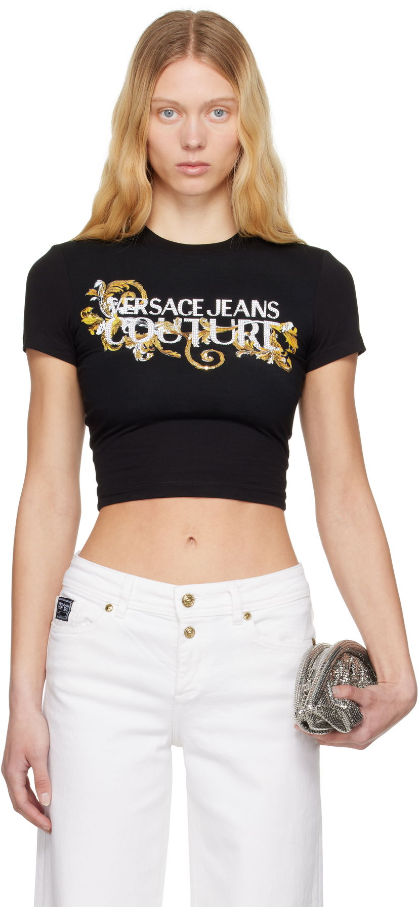 Crop top Versace Versace Jeans Couture Crystal Outline Barocco Cropped T-Shirt Svart | E78HAHC05_ECJ02C