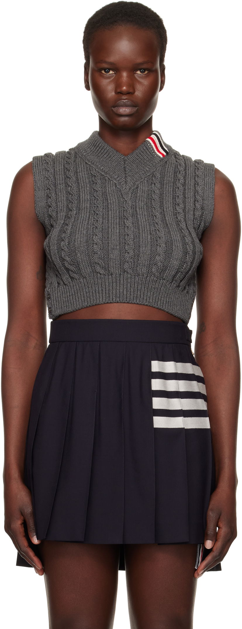 Kjol Thom Browne Cable Cropped V-Neck Vest Blå | FKV202A-Y1024