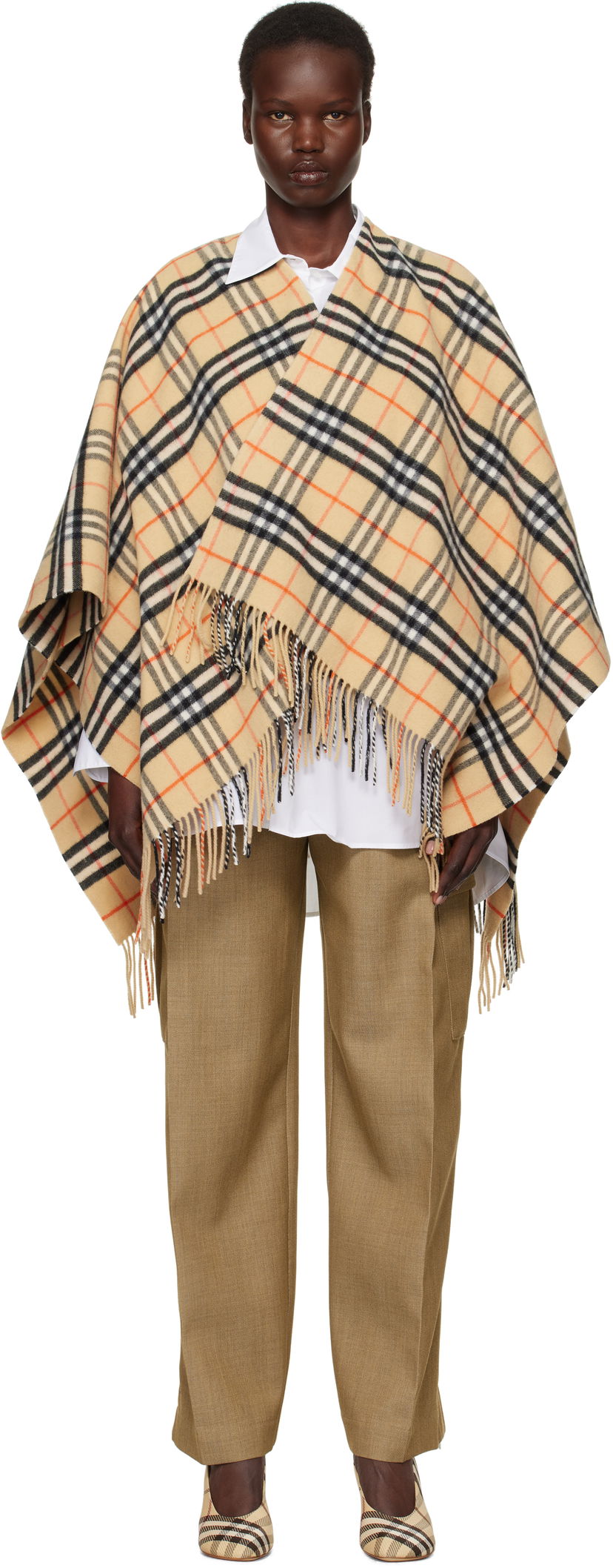 Halsduk Burberry Wool Cashmere Cape Coat with Fringe Beige | 8102992