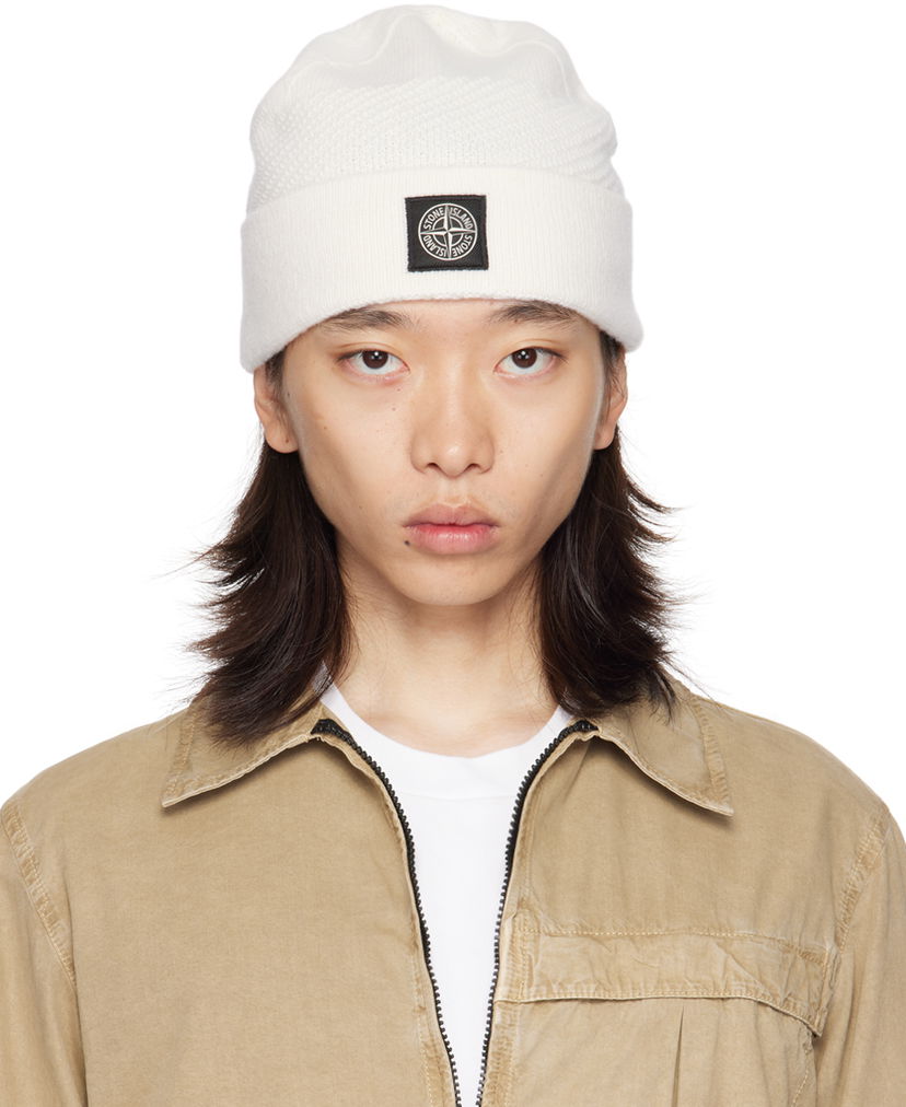 Mössa Stone Island Off-White Knitted Badge Beanie Vit | 8115N07B5
