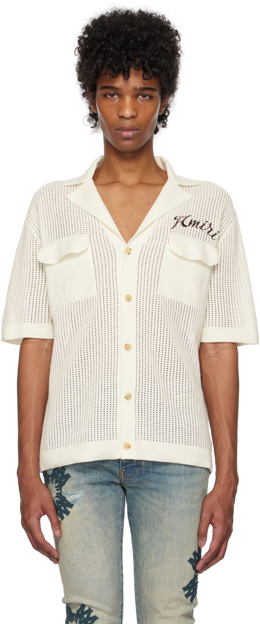 Skjorta AMIRI AMIRI Mesh Knitted Shirt Vit | AMKNIR1011