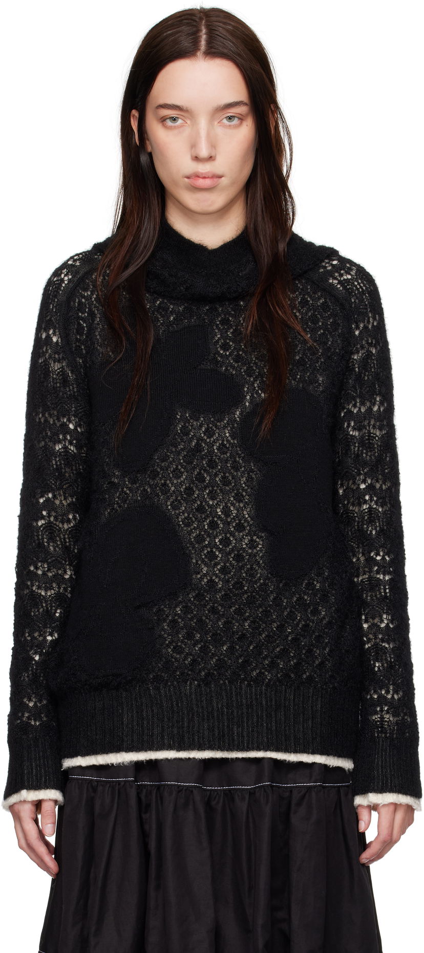 Sweater Comme des Garçons Comme Des Garçons Wool Lace Pattern Intarsia Hoodie Svart | TN-N024-051