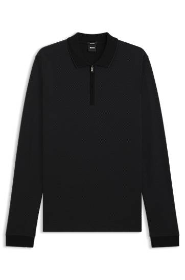 Polotröja BOSS Mercerised-cotton long-sleeve quarter-zip polo shirt with two-tone structure Svart | 50549583, 0