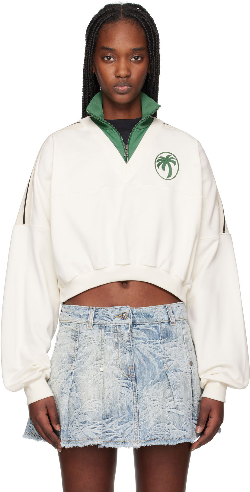 Sweater Palm Angels Palm Angels Oval Palm Cropped Sweatshirt Vit | PWBA055S25FLE0010357