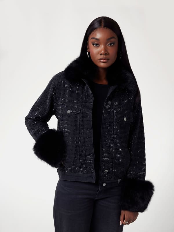 Jacka GUESS Faux Fur Trim Rhinestone Denim Jacket Svart | W4BN48D5HM1