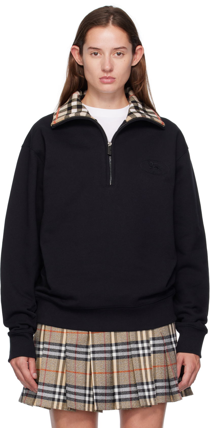 Sweatshirt Burberry Burberry Check Collar Quarter-Zip Sweatshirt Svart | 8109063
