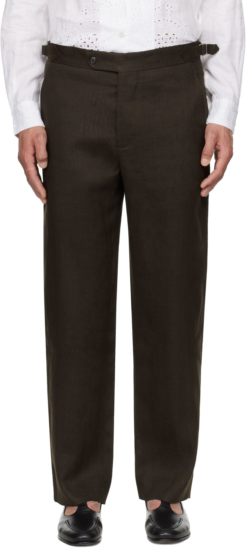 Byxor Bode Bode Lightweight Linen Side-Buckle Trousers Brun | MRS25BT072