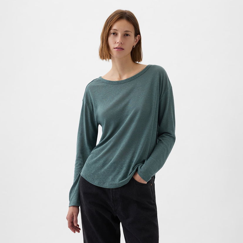 T-shirt GAP Top Longsleeve Linen Blend Boatneck Top Laurel Wreath Grön | 878218-04