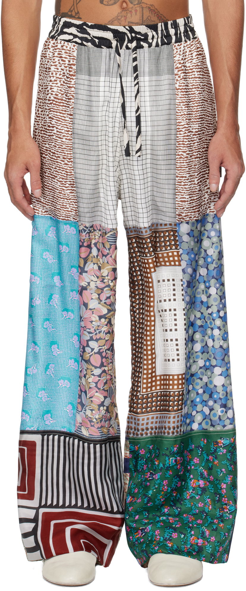 Byxor Marine Serre Marine Serre Regenerated Silk Scarves Drawstring Patchwork Sweatpants Flerfärgad | UPA054A UWOV0028