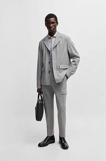 Skjorta BOSS Slim-Fit Cotton-Piqué Jersey Shirt Grå | 50527675, 1