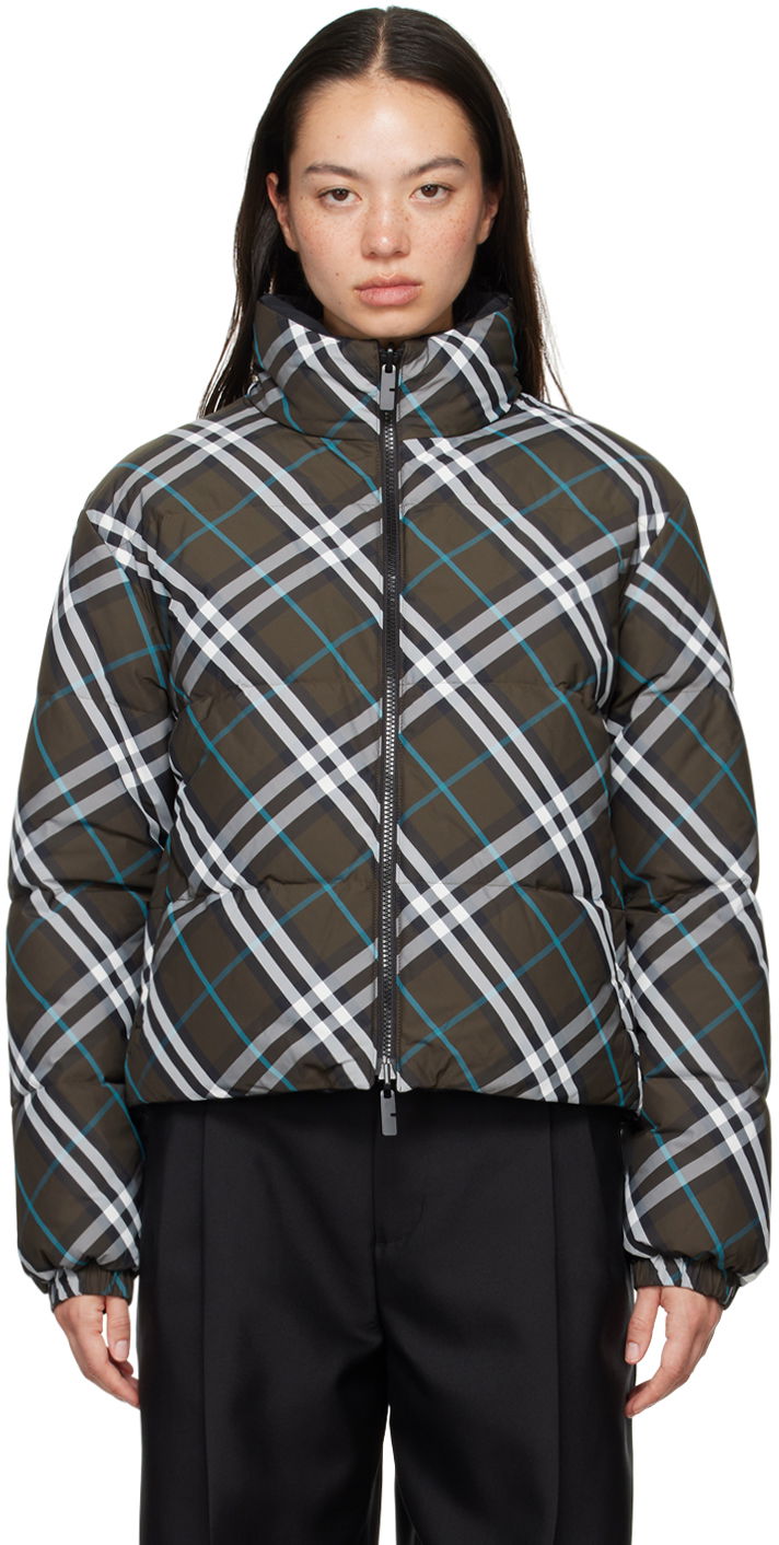 Pufferjacka Burberry Khaki Check Reversible Down Puffer Jacket Grön | 8096131