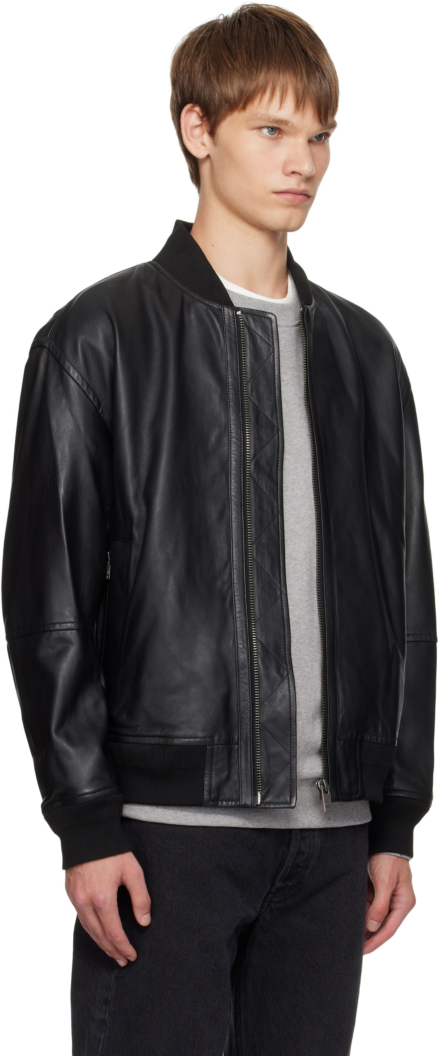 Bomberjacka BOSS Regular-Fit Textured Leather Bomber Jacket Svart | 50547545, 1