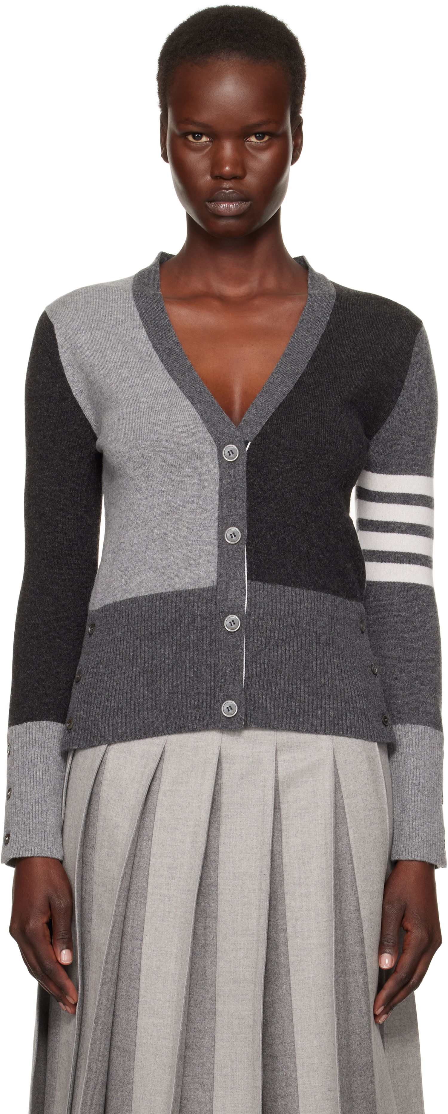 Sweater Thom Browne Funmix 4-Bar V-Neck Cardigan Grå | FKC001F-00011, 0