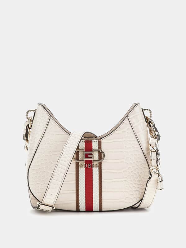 Handväska GUESS Nelka Croc-Print Mini Crossbody Beige | HWCG9307120