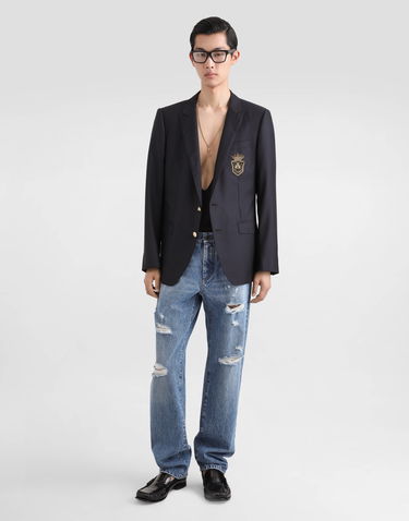 Jacka Dolce & Gabbana Single-Breasted Wool and Silk Jacket with Patch Svart | G2LK0ZFU3H1B0665, 1