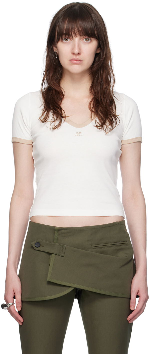 T-shirt Courrèges Slim V-Neck T-Shirt Vit | 224JTS137JS0070