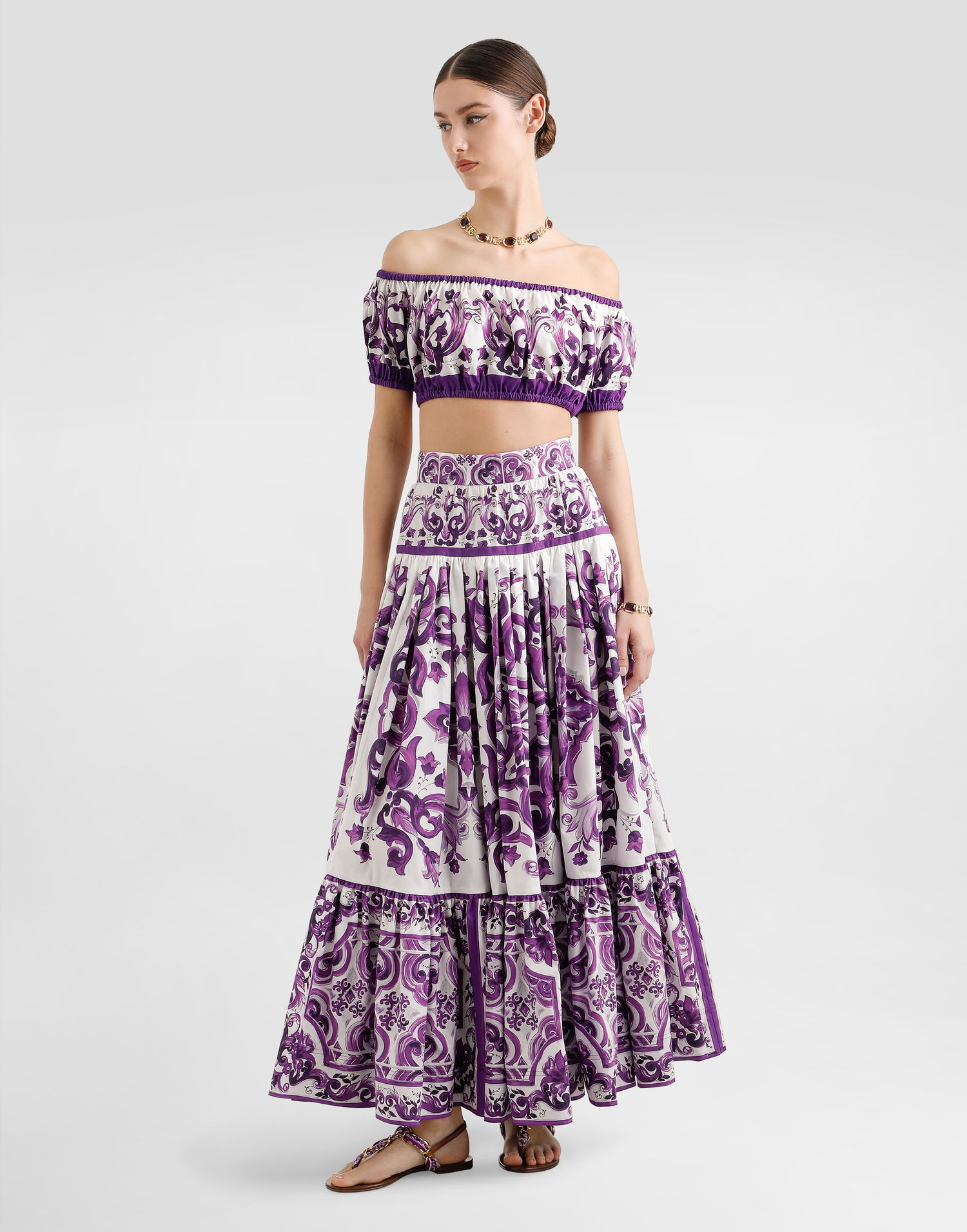 Kjol Dolce & Gabbana Dolce & Gabbana Majolica Print Long Tiered Skirt Purpur | F4CX0THH5EWIP3TN, 1
