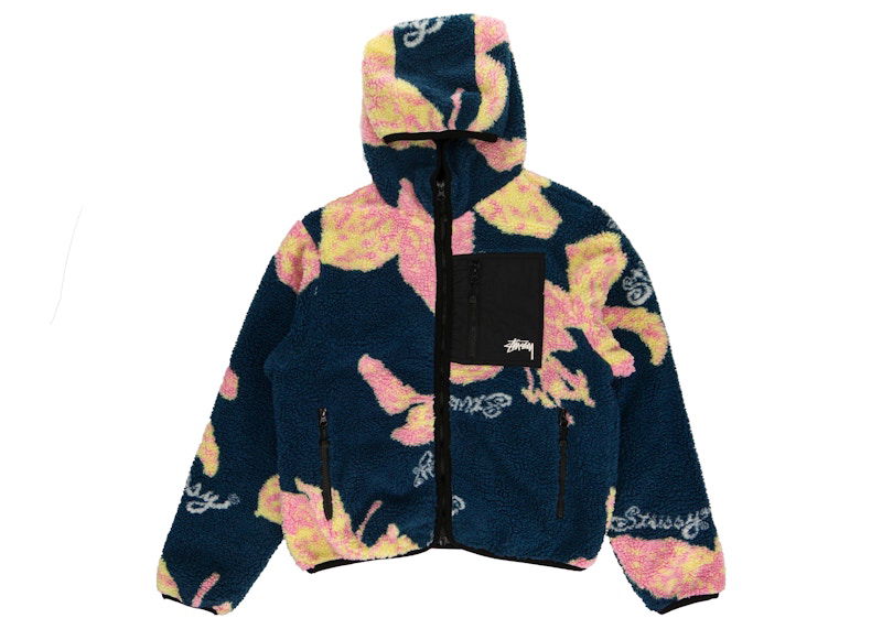 Sweatshirt Stüssy Floral Sherpa Hooded Jacket Blå | 118482-Dark Teal