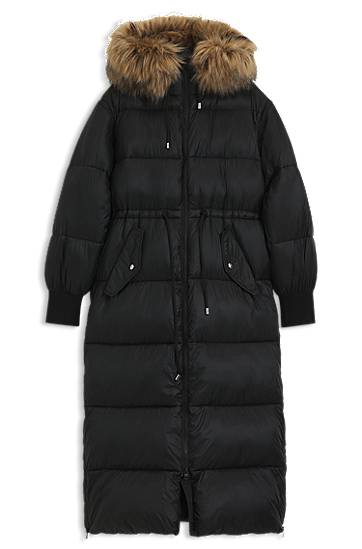 Pufferjacka BOSS Long Water-Repellent Puffer Parka with Detachable Faux Fur Hood Trim and Sleeves Svart | 50547222