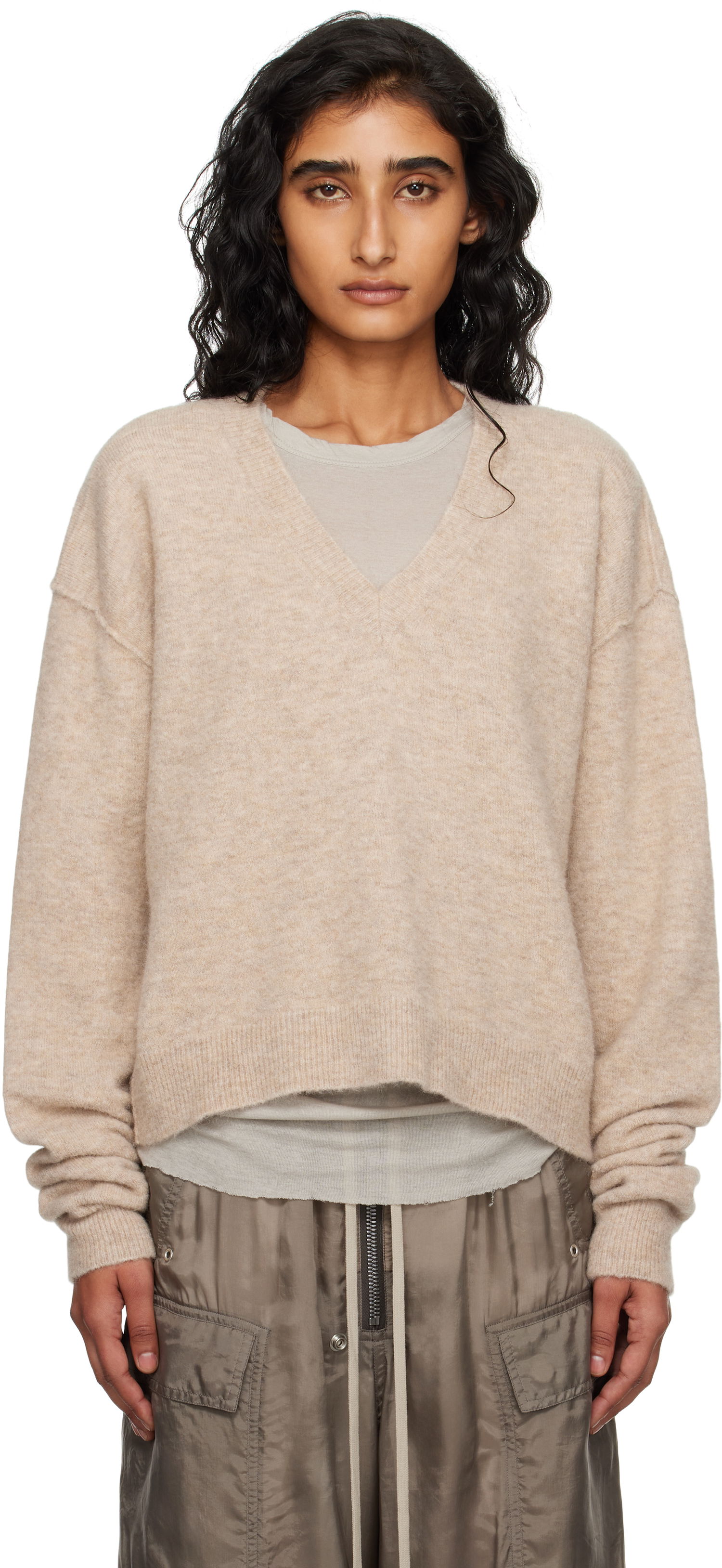 Sweater Rick Owens Rick Owens Tommy V-Neck Sweater Beige | RP02E4650 KWP, 0