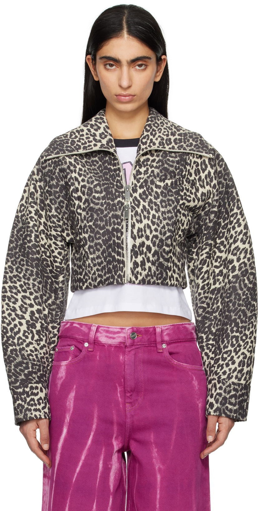 Bomberjacka GANNI Ganni Leopard Print Curve Sleeve Cropped Jacket Beige | W0235