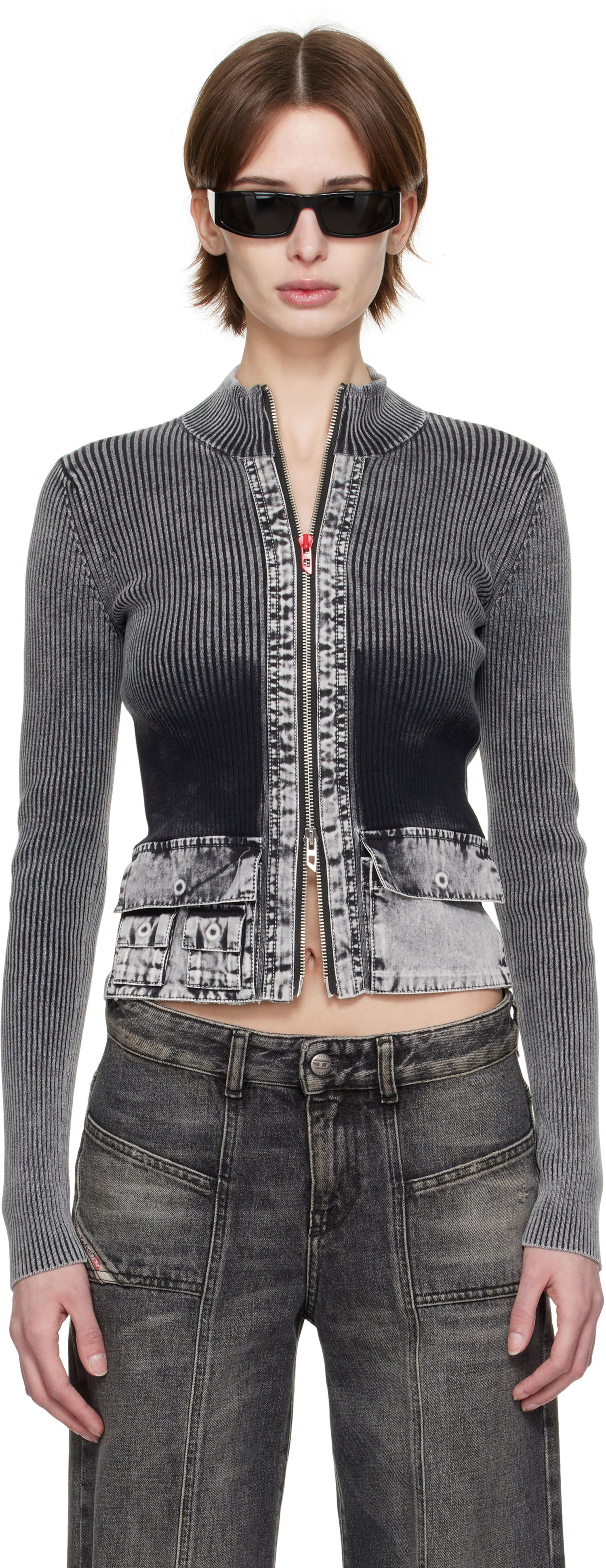 Sweater Diesel Diesel M-Melissa Zip-Up Knit Jacket Grå | A16895 0QMAN, 0