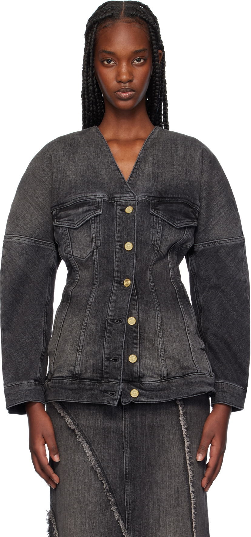 Jacka GANNI Fitted Denim Button Up Jacket Svart | J1529