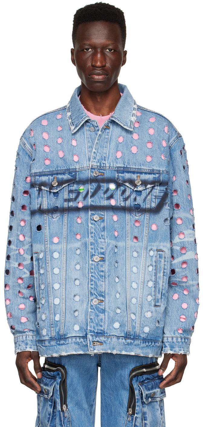Jacka We11done We11done Logo Distressed Denim Jacket Blå | WD-DJ1-22-355-U-BL