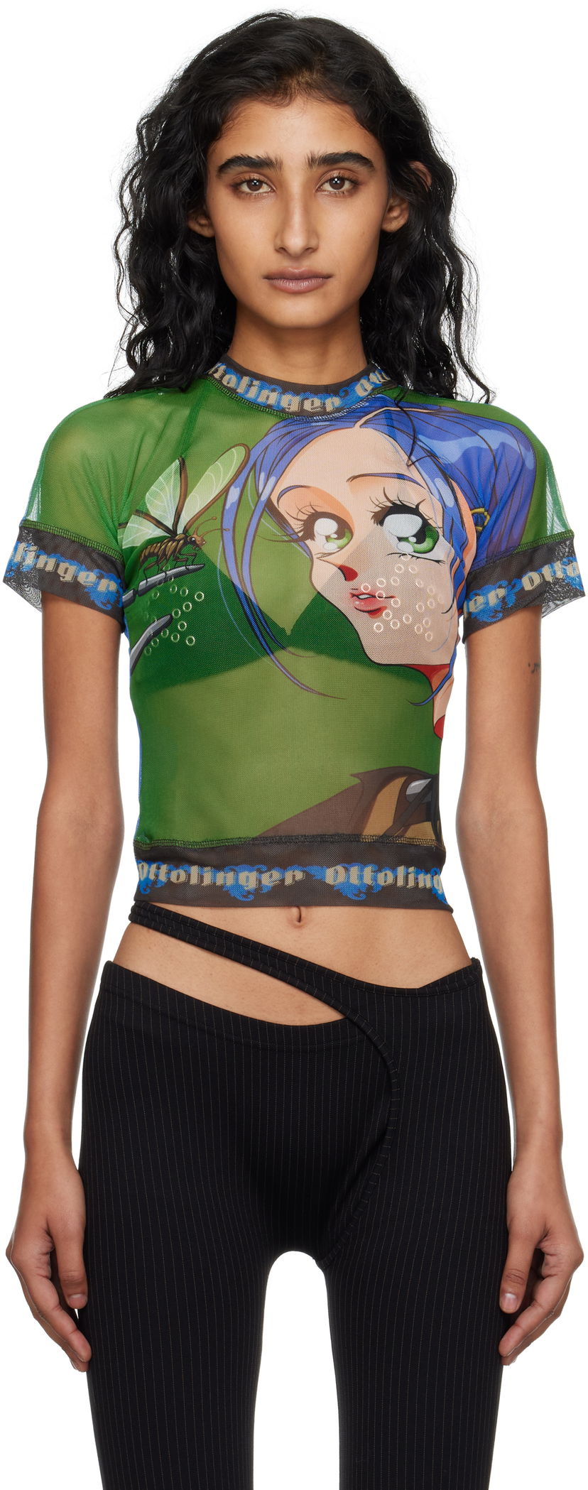 T-shirt Ottolinger Ottolinger Anime Girl Graphic Mesh T-Shirt Grön | 101-100401-05
