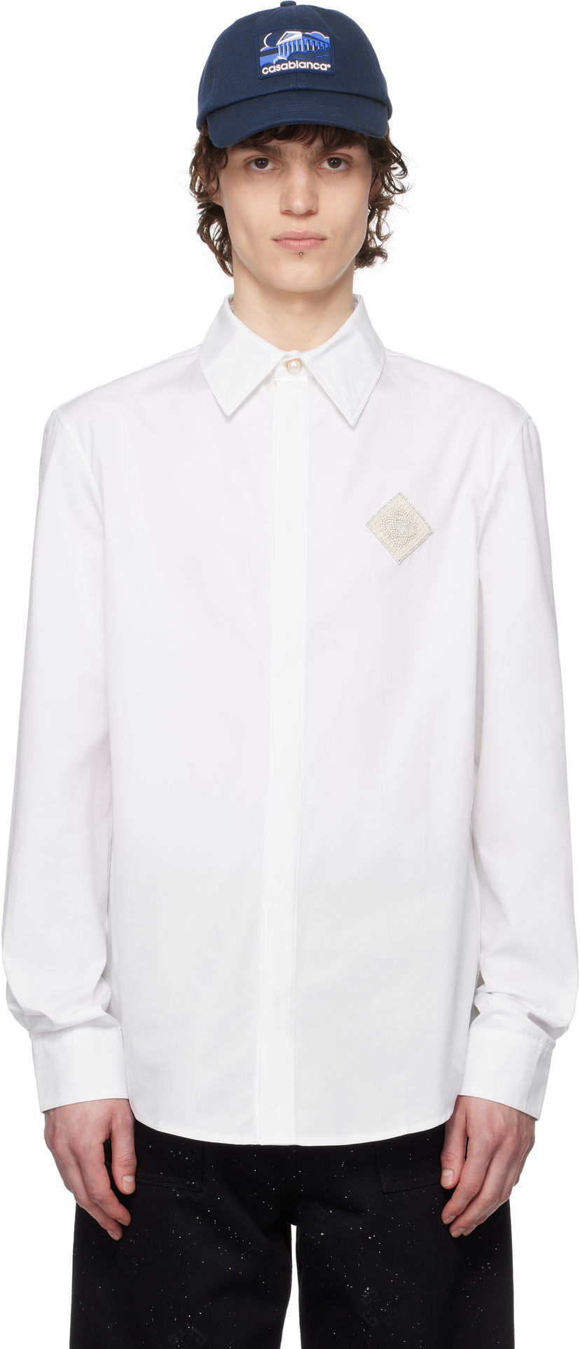 Skjorta Casablanca Casablanca Pearl Diamond Patch Cotton Shirt Vit | MPS25-SH-139-01
