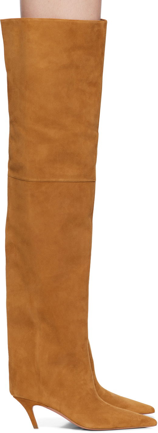 Klä Amina Muaddi Amina Muaddi Fiona Thigh-High Suede Boots Brun | FIONA THIGH BENDED HEEL SUEDE